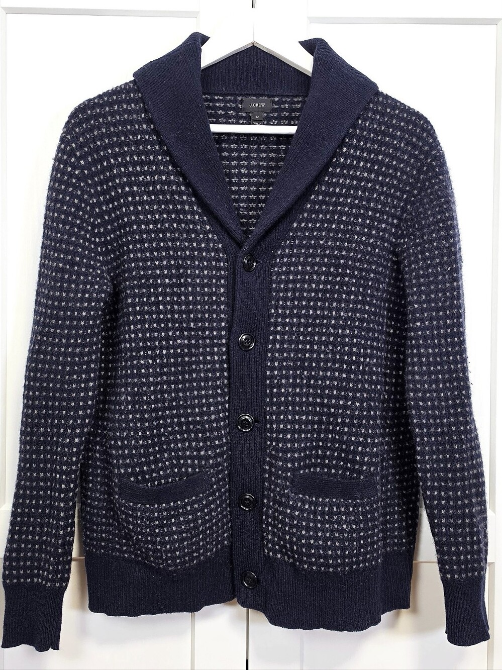 J.Crew 100% Lambswool Birdseye Shawl Cardigan Men M Navy Grey Preppy Grandpacore